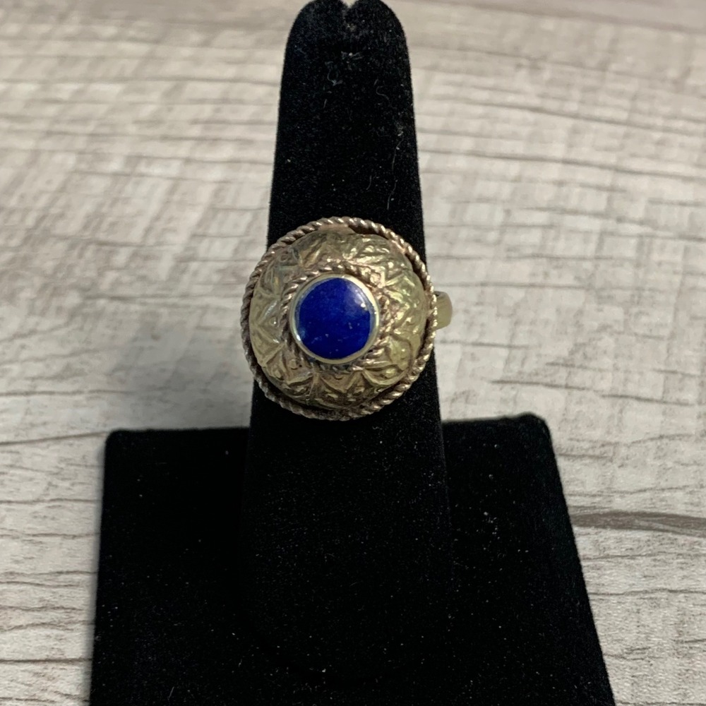 Vintage Ornate Lapis Lazuli Dome Ring Silver Tone Boho Statement Size 7.75